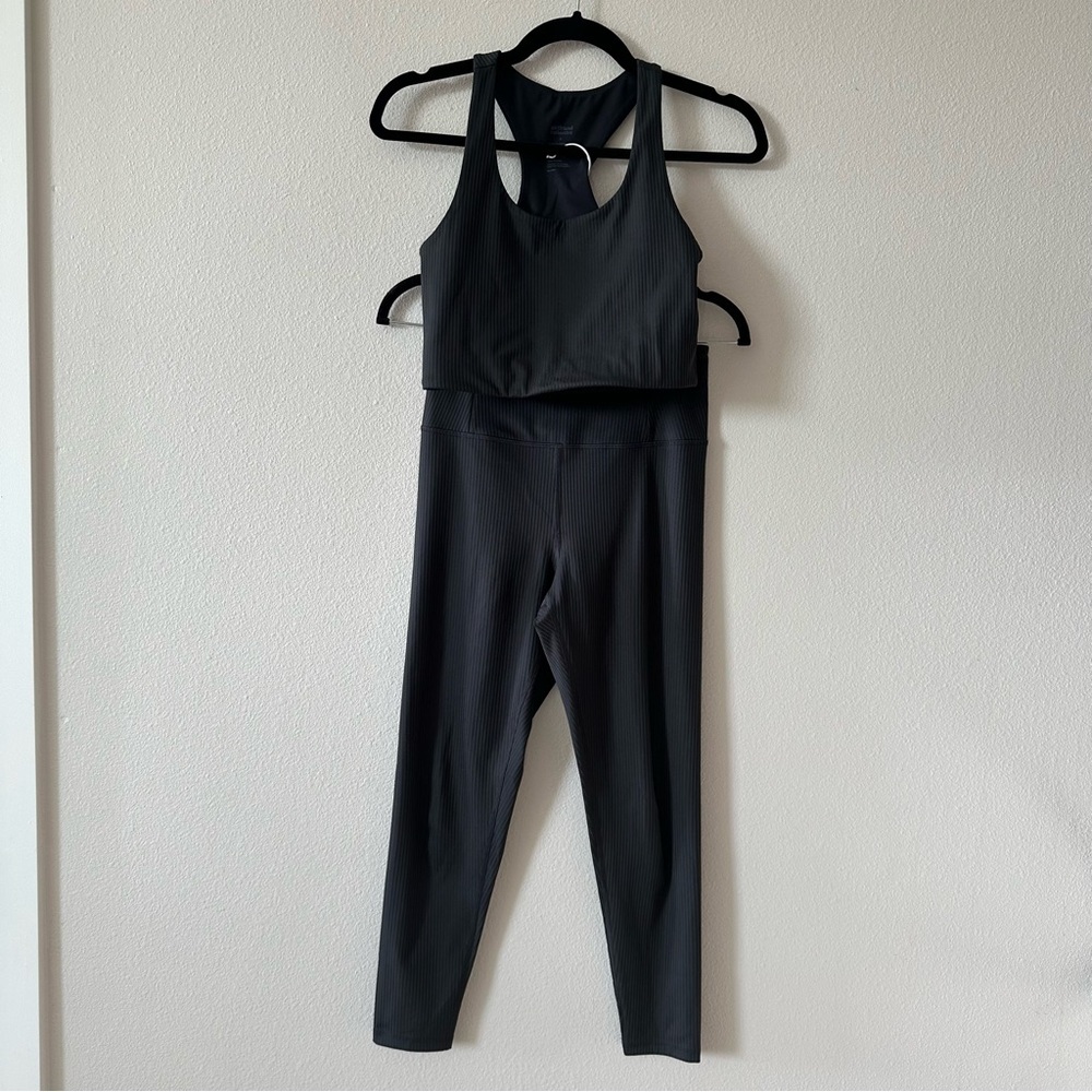 girlfriend collective black ribbed paloma sports bra & full length leggings set